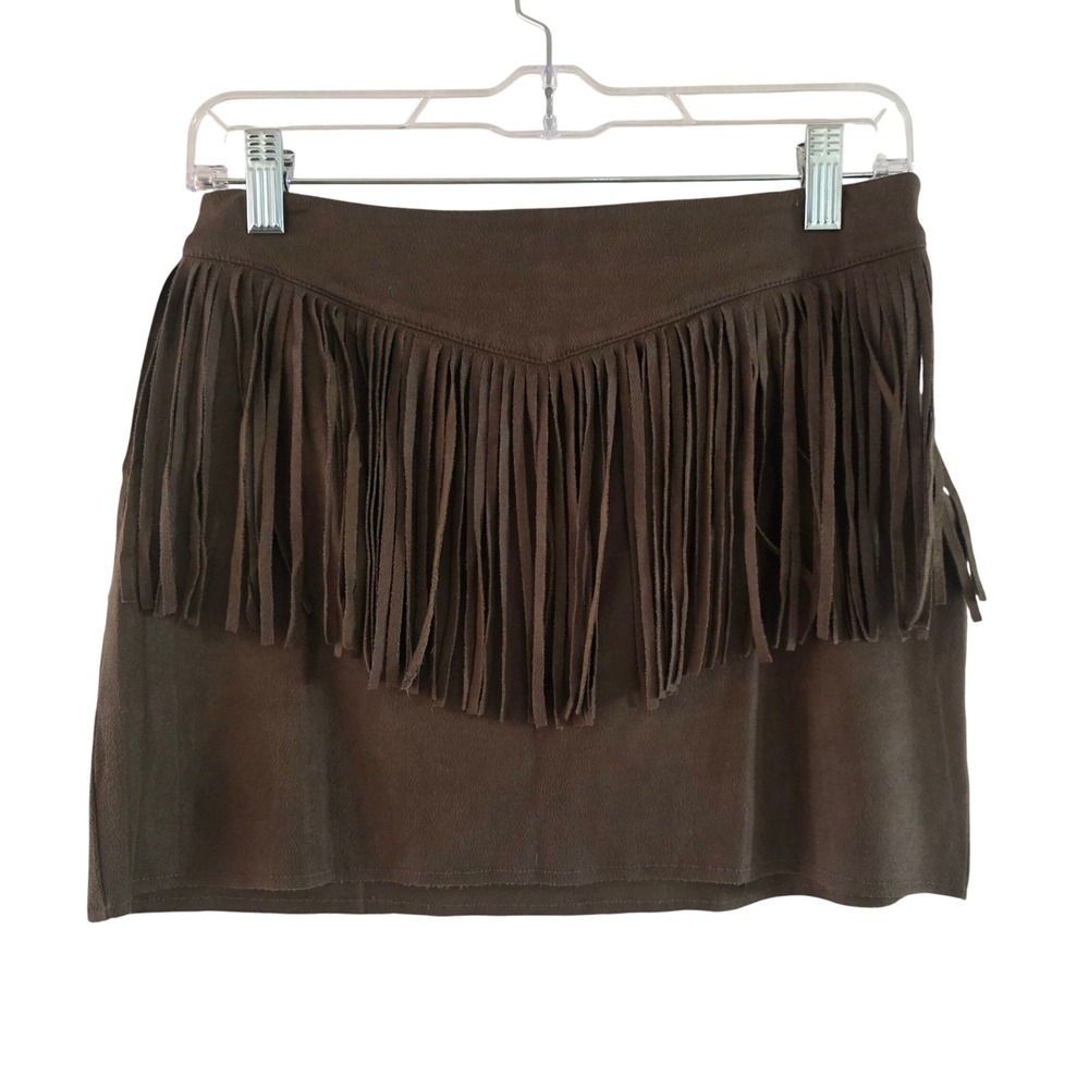 BCNU Suede Fringe Mini Skirt Brown‎ Faux Suede Western Style Size M